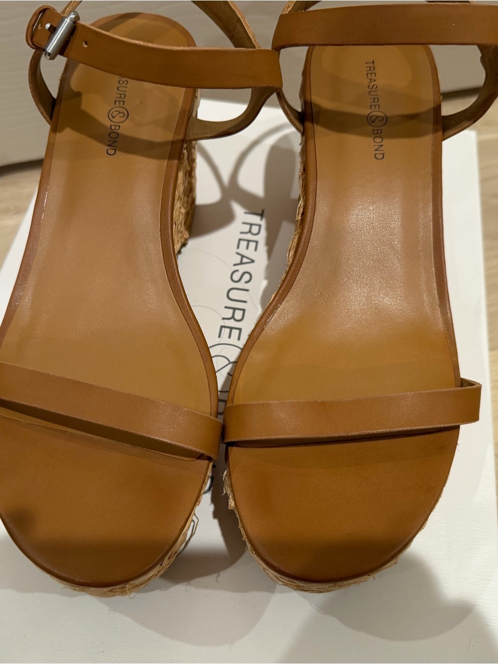 Treasure & Bond Cognac Tan Raffia Woven Platform Wedge Sandals - Picture 7 of 8